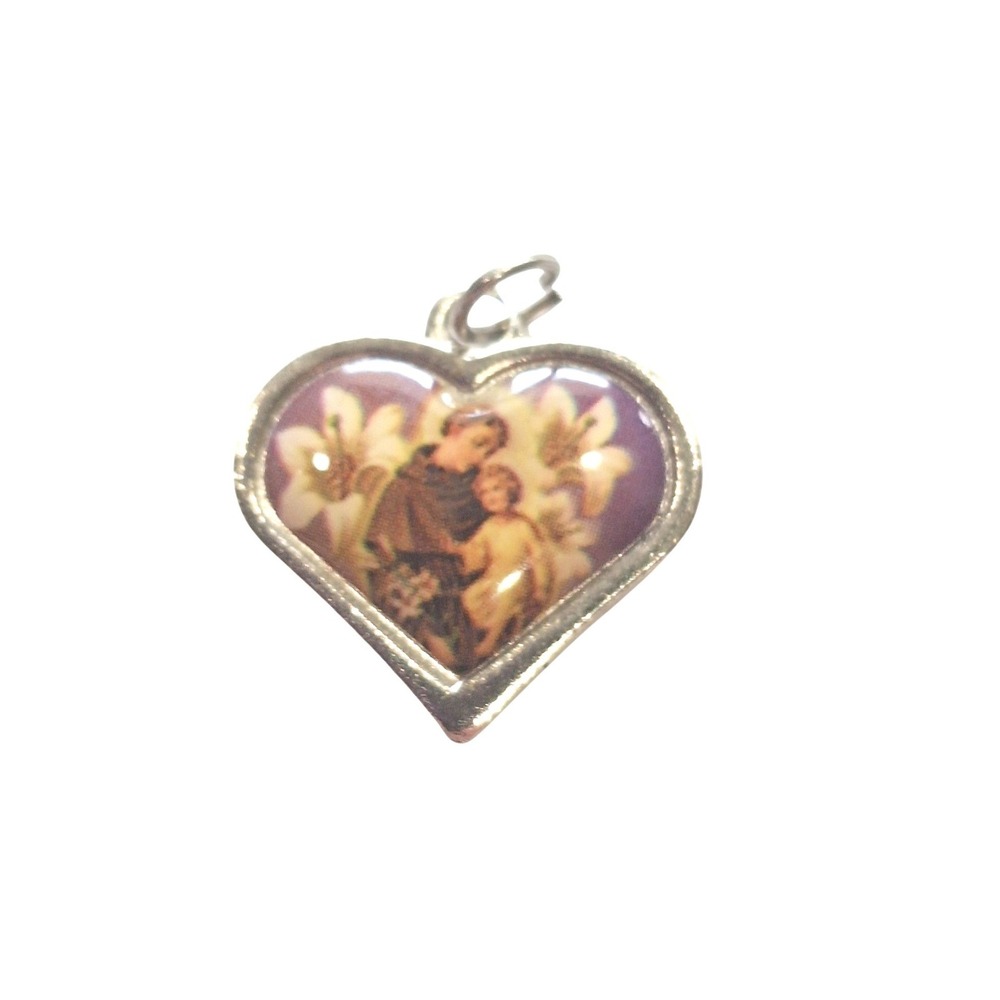 Saint Anthony Heart Religious Pendant Silver Tone Catholic Charm 0.5 Inch
